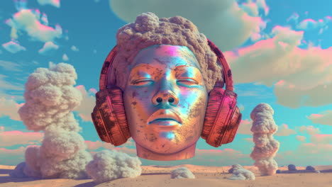 antiguas cabezas de piedra en un entorno desértico distópico con auriculares hechos con arte generativo