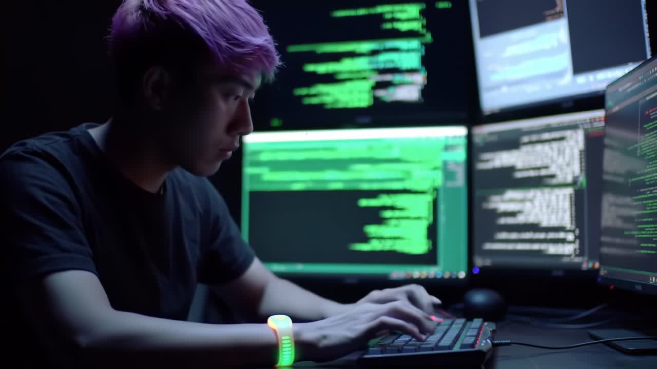 A focused individual with vibrant pink hair engages in programming at multiple screens, displaying lines of code and data in a dimly lit environment, showcasing modern technology use