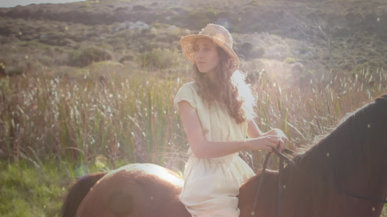 mujer montando un caballo en el campo de flores