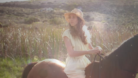 woman riding a horse in the flower field