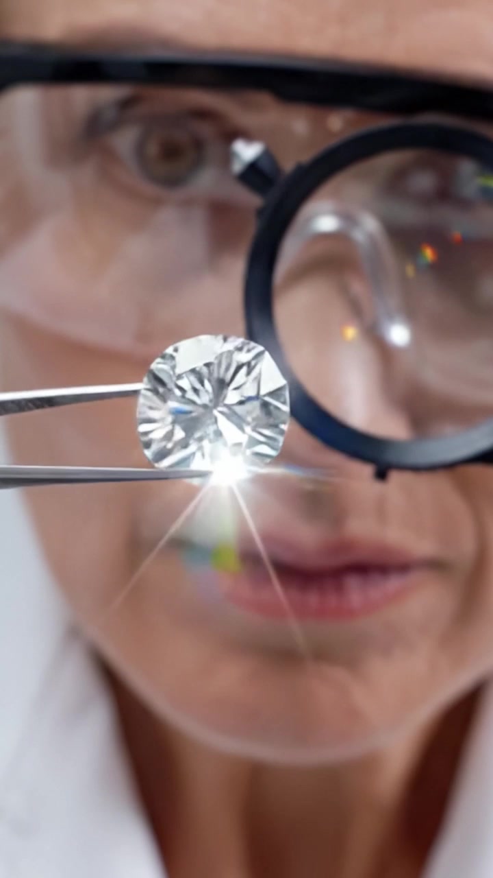 Un gemmologo esamina un diamante scintillante attraverso una lente d'ingrandimento: uno sguardo approfondito sulla qualità e la purezza delle gemme nell'industria della gioielleria.