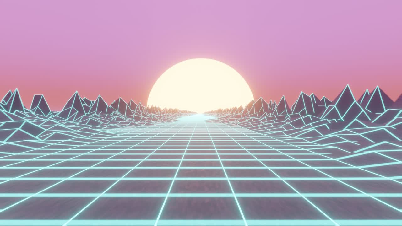 paisaje de olas retro sin fin. puesta de sol de bucle sin costuras, cuadrícula de neón en el terreno y las montañas. sol brillante por encima del horizonte de neón. vintage 80s, 90s.