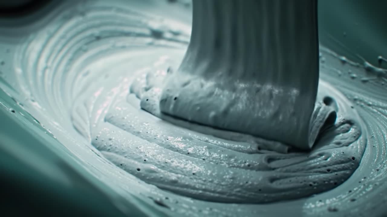 An artist skillfully blends paint in a studio setting, creating a smooth and even texture. The rhythmic motion of the mixing process enhances the vibrant color preparation.