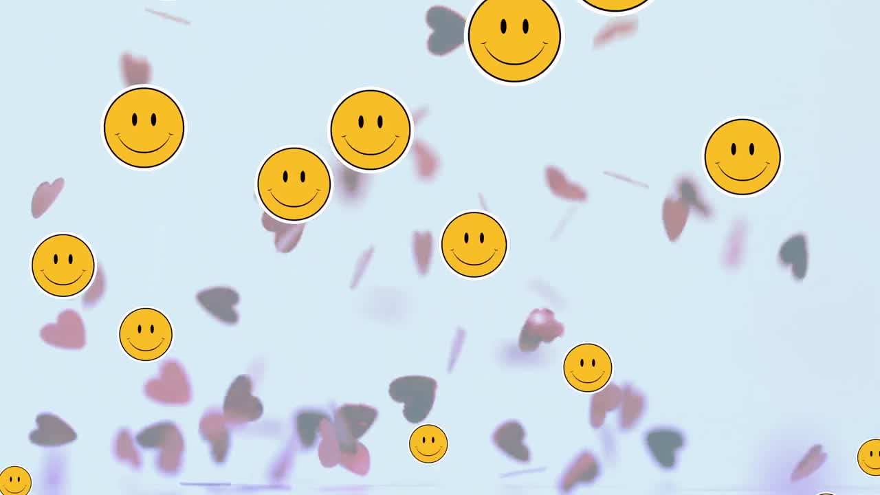 여러 개의 웃는 얼굴 이모티콘이  ⁇  배경에 떨어지는 여러 개의 심장을 떠다니고 있습니다.