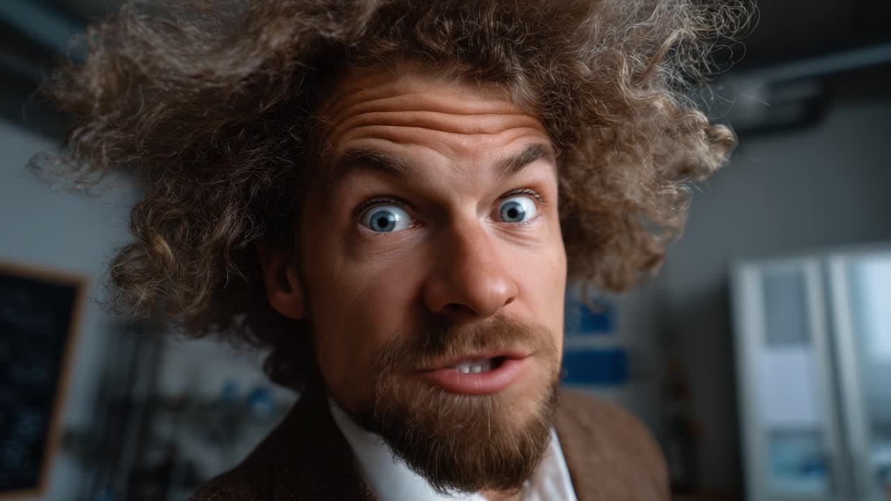 Surprising Expressions and Curly Hair: A Person with Wild Hair Shows Excitement and Curiosity in a Bright Room Captured in Engaging Video Frames