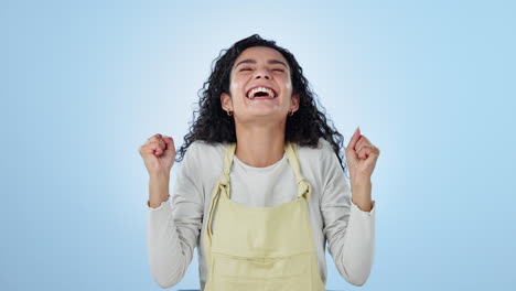 woman, excited and face of success with fist