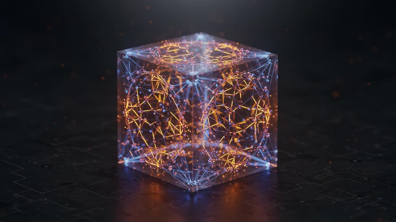 A Captivating Glimpse of a Glowing Geometric Cube, Showcasing Intricate Networks of Light and Connections in a Futuristic Digital Space