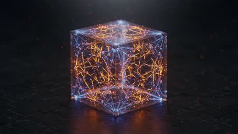 a captivating glimpse of a glowing geometric cube, showcasing intricate networks of light and connections in a futuristic digital space