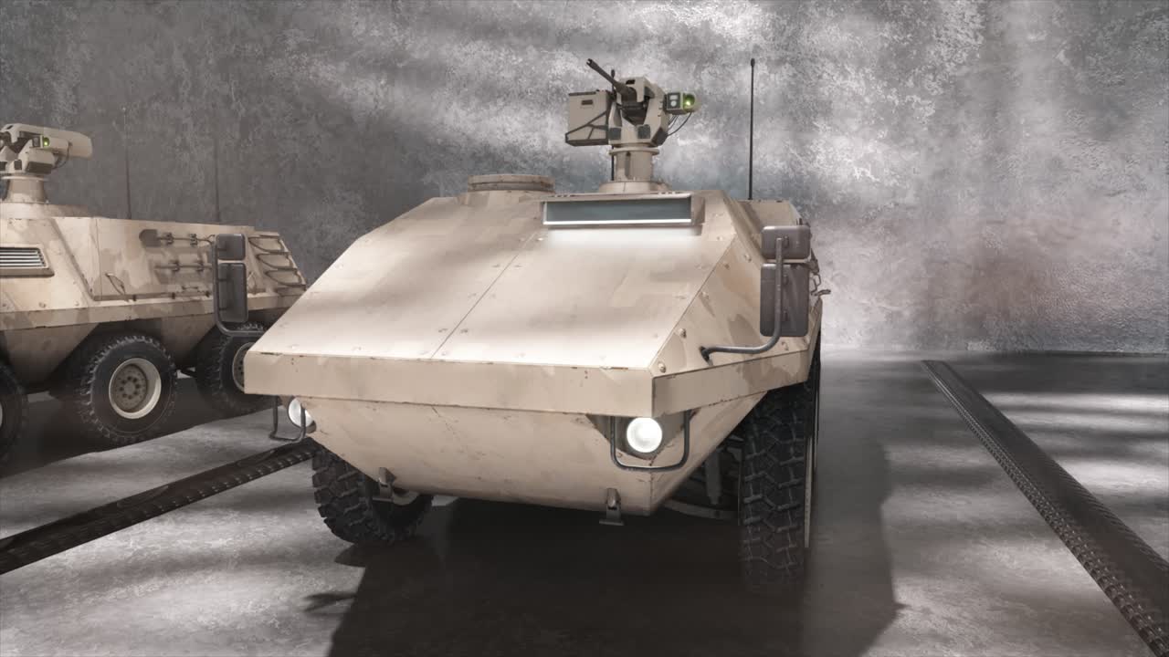 Veicolo blindato militare in un magazzino