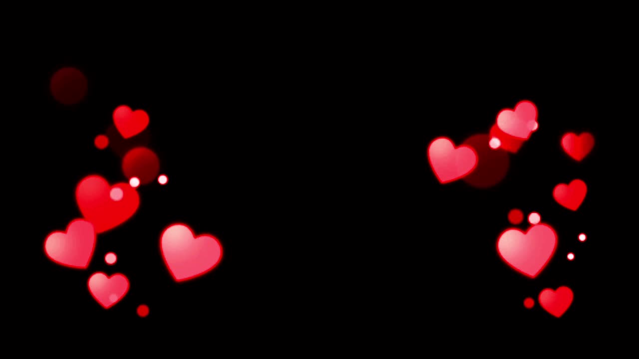 애니메이션 빨간색 심장 모양이 검은색 배경에 떠다니고 있습니다.