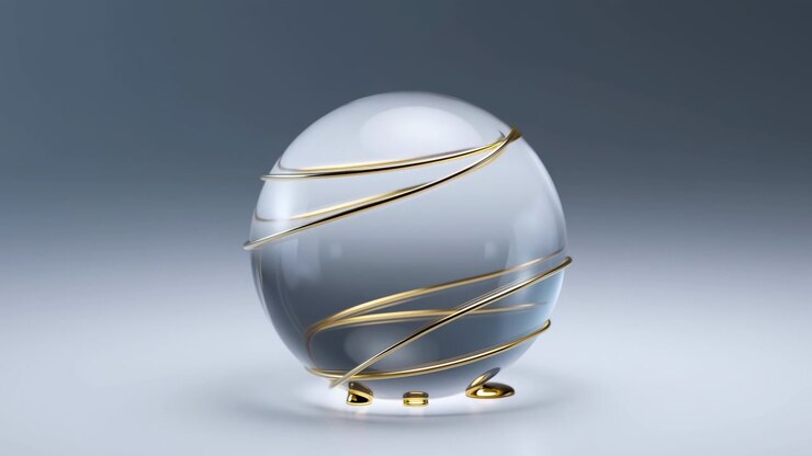 Translucent glass sphere wrapped in spiraling gold bands with dripping metallic droplets midsequence