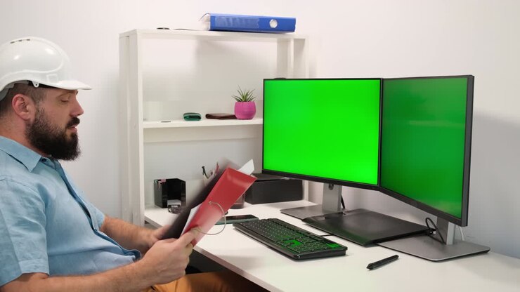 Fabbrica moderna Industria 4.0: Bell'operatore maschio controlla la struttura, usa un computer con più schermi verdi Chroma Key. Sullo sfondo, una struttura oscura automatizzata per la produzione di elettronica.