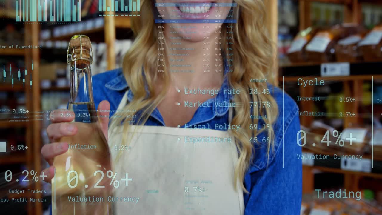 Female shop worker holding bottle presenting in retail, data overlays showing sales percent