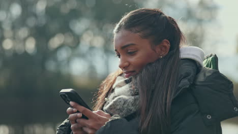 camping, phone and indian woman in a forest