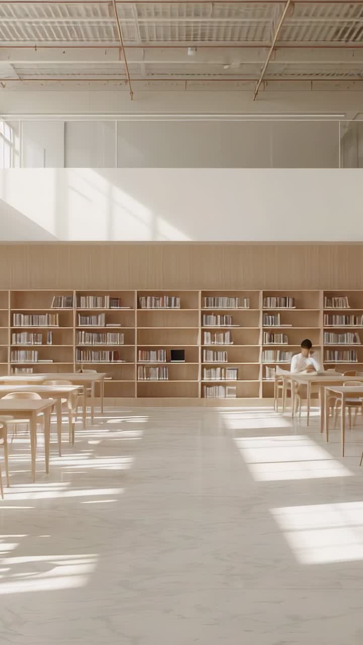 Vertical video: Sunlight urging reader in white top reading and writing at library desk, copy space