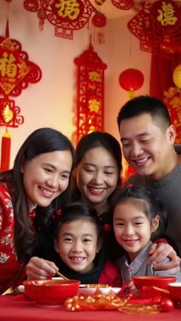a close-up scene of a chinese family celebrating chinese new year at home.
