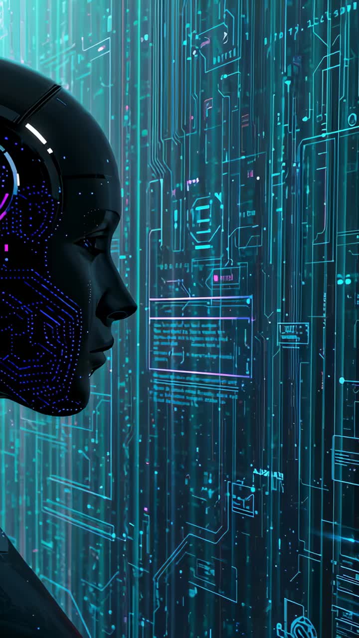 Vertical video: Streaming data driving robotic head scanning holo wall in control bay, copy space