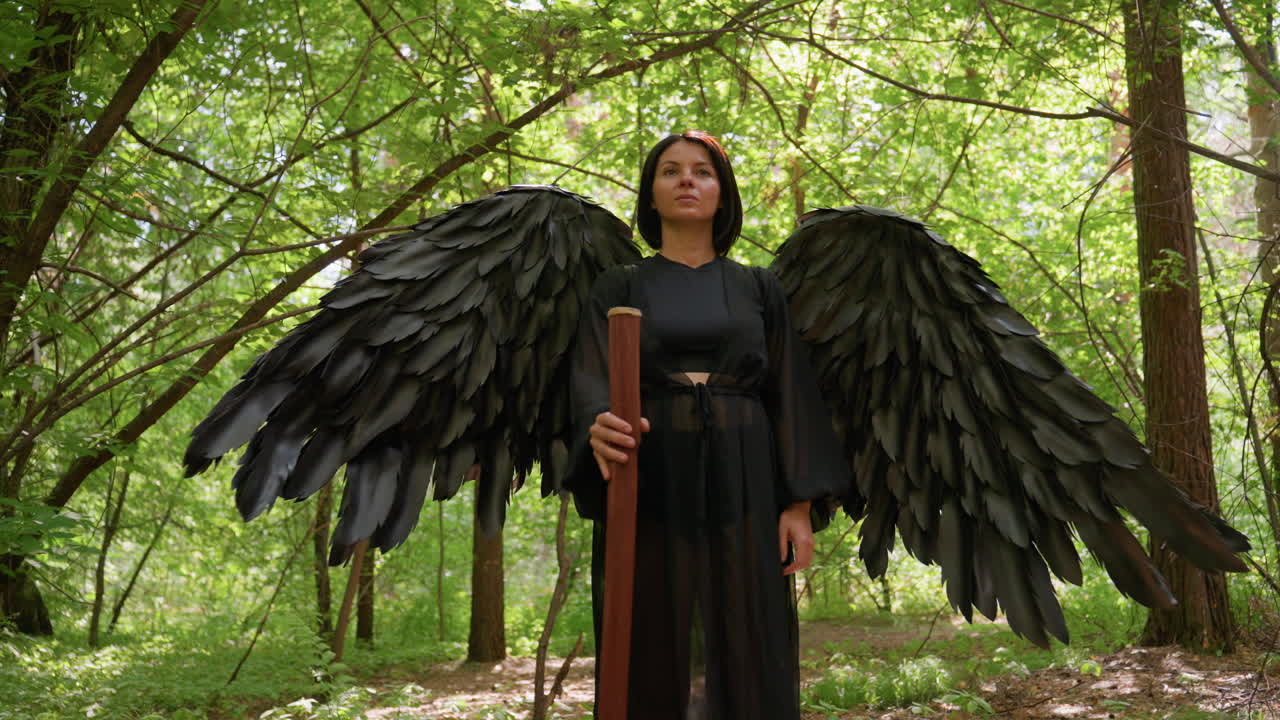 Black fairy stands in enchanted forest holding wooden staff, stumping it firmly to ground with unhappy expression, sunlight glowing through trees, radiating emotion