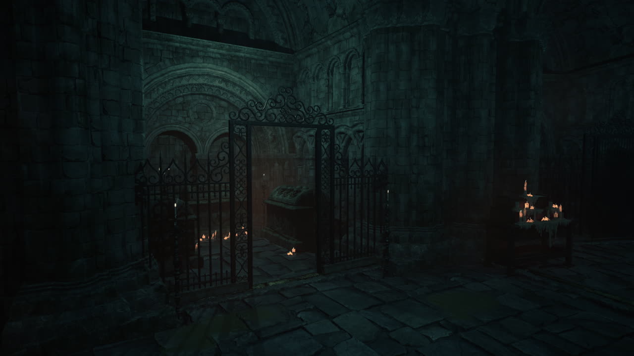 A dark and spooky crypt with a tomb and candles