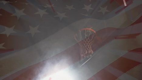 animation of flag of america over african american male basketball player taking a shot