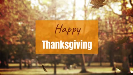 Animation-of-happy-thanksgiving-text-on-orange-banner-over-falling-leaves