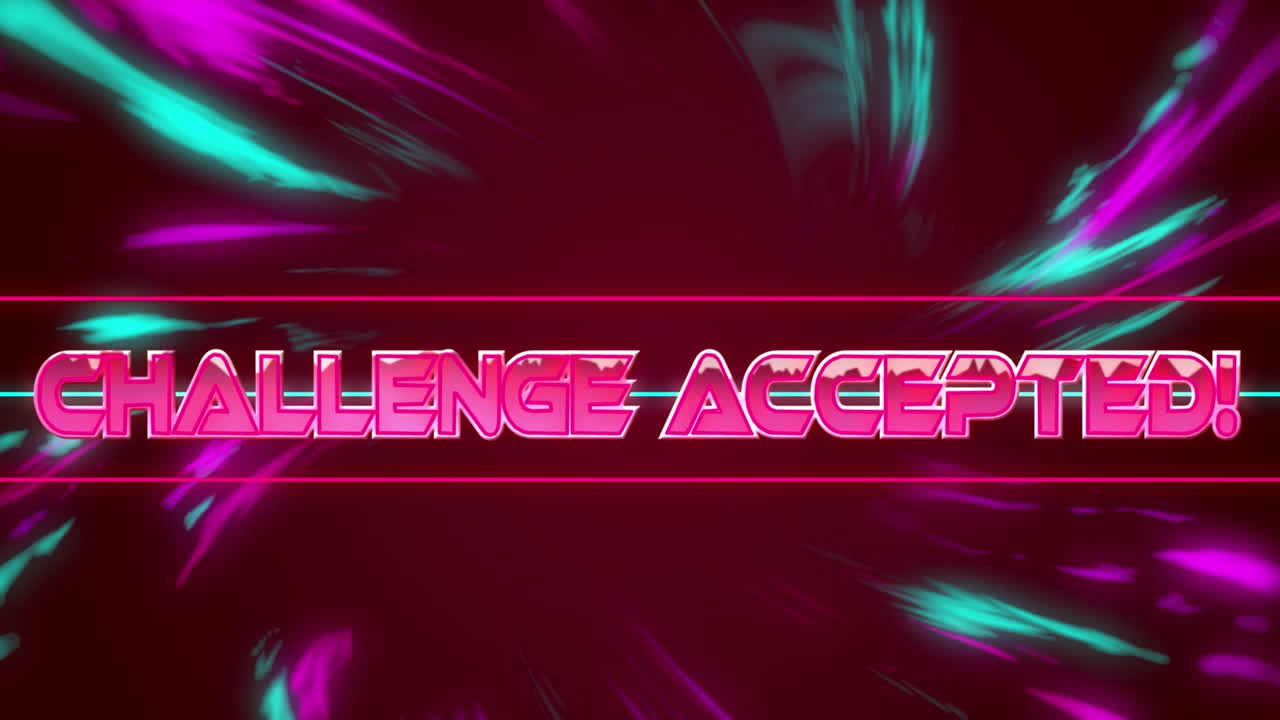 Animation of challenge accepted text over purple trails on red background