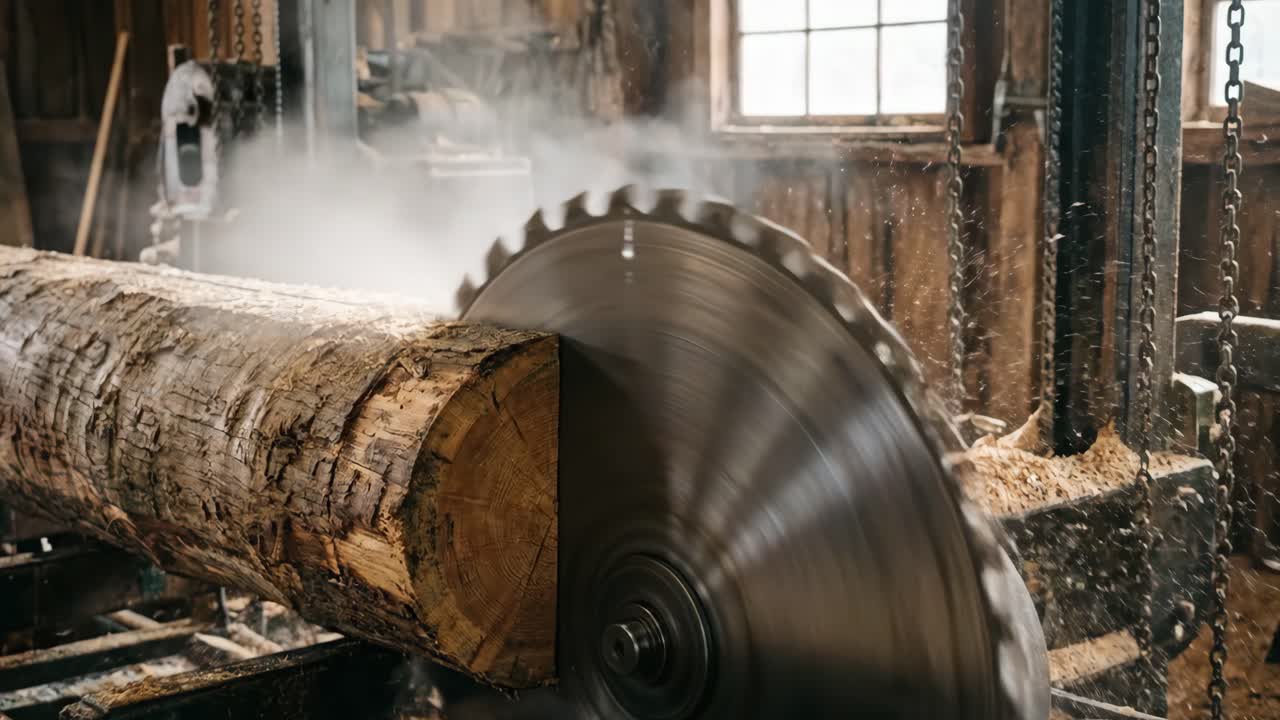 Close-up van een cirkelzaag die een groot stuk hout zaagt in een zagerij