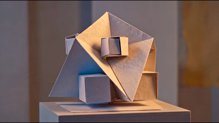 Abstract Geometric Paper Sculpture Rotating on Display