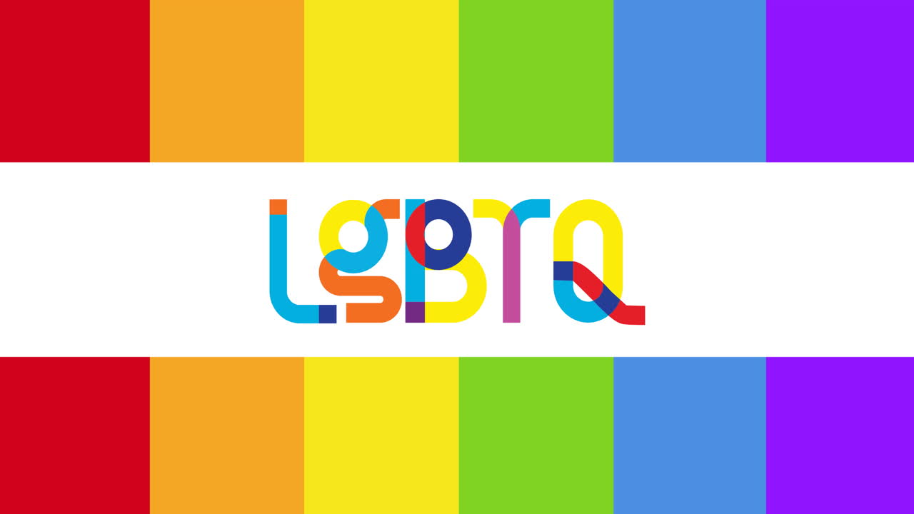 animación del texto lgbtq sobre el fondo de rayas del arco iris