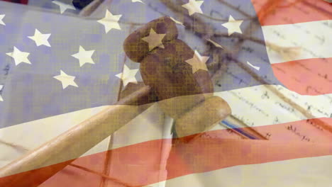 animation of flag of usa over gavel and documents