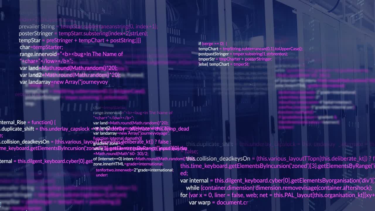 Vertical video: Data center racks reacting to input and showing code overlay and binary streams