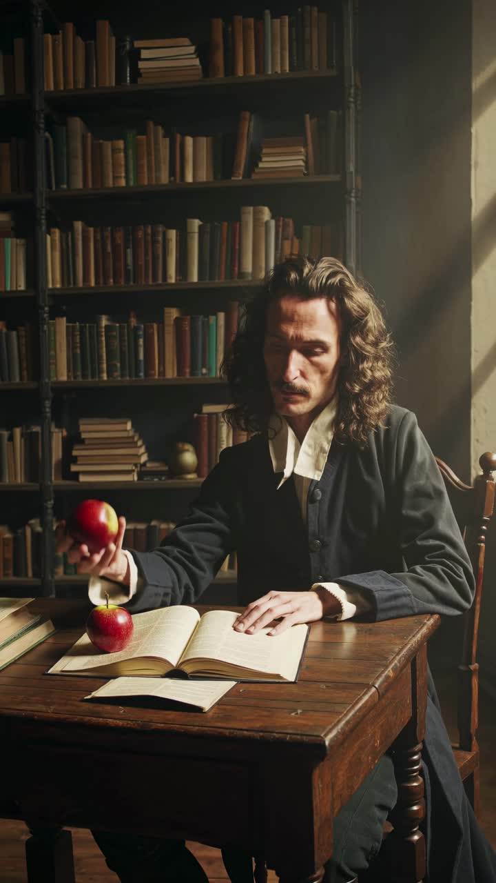 A vintage-style video still of a man in a library, holding an apple thoughtfully