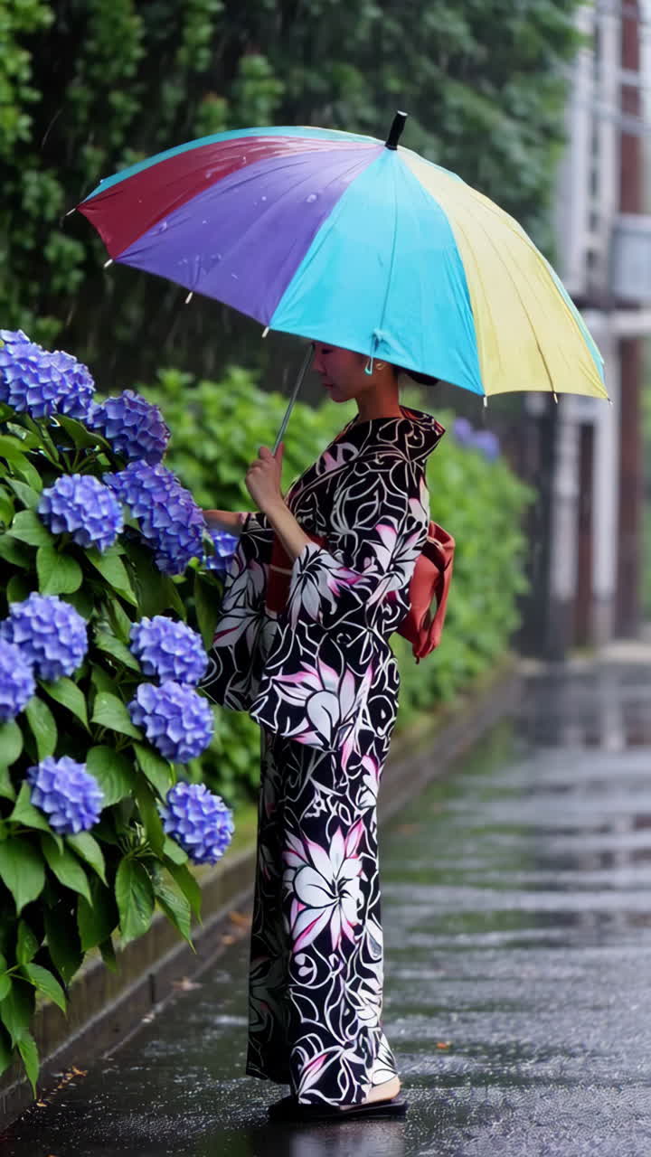 Japanese Woman in Yukata with Umbrella on a Rainy Day