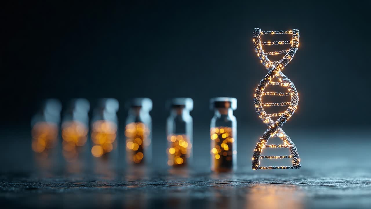Illuminare l'essenza della vita: un primo piano sull'elica del DNA tra provette che evidenziano le moderne innovazioni biotecnologiche.