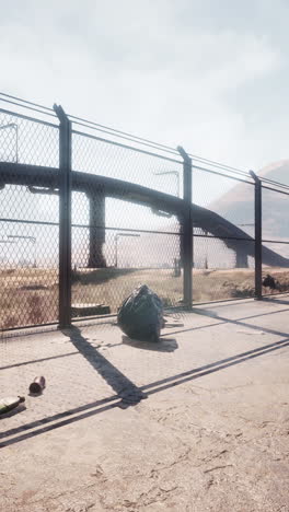 a view of a futuristic overpass, looking abandoned, through a chain link fence