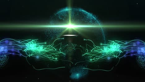 animation of a globe of glowing points with glowing energy currents moving on black background