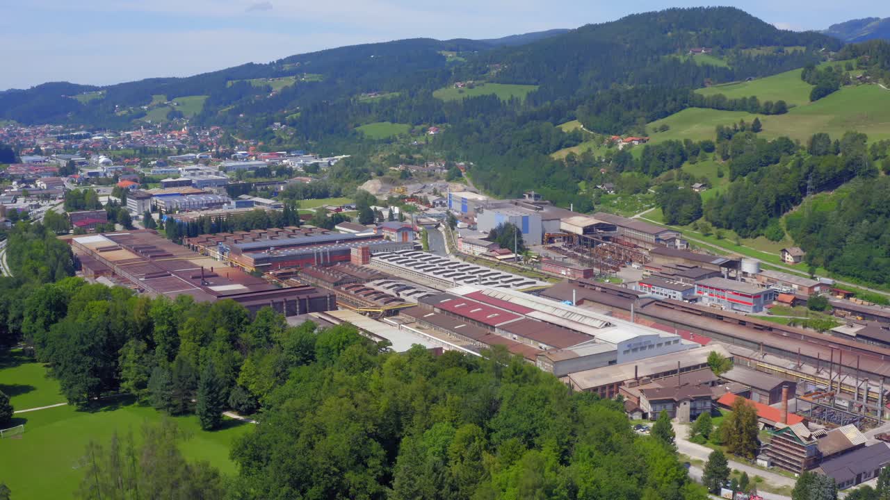 Industrial area of Ravne na Koroskem city in Slovenia. Aerial orbit