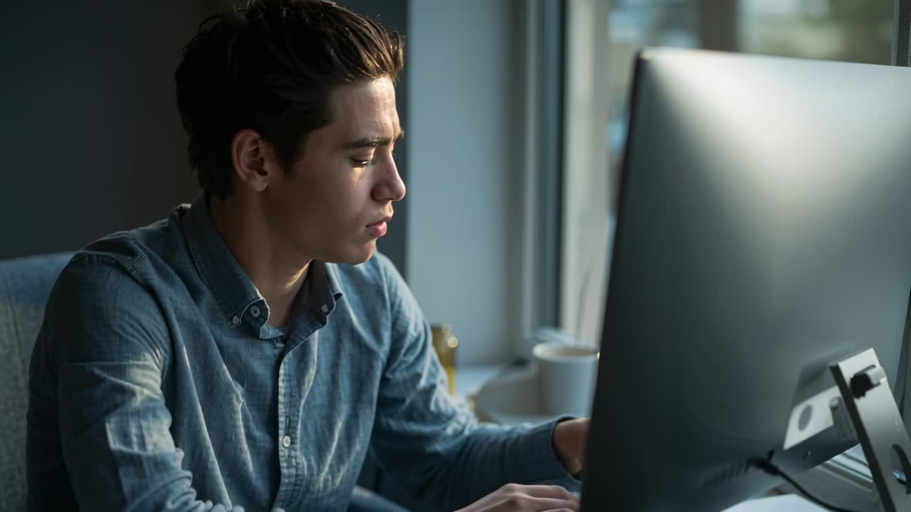 Man resting chin then typing on keyboard, animated tech chart appearing on monitor for work