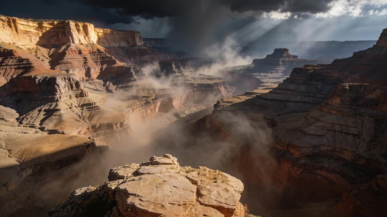 Approaching storm driving gusts lifting dust from canyon floor, sunbeams bathing sandstone outcrop