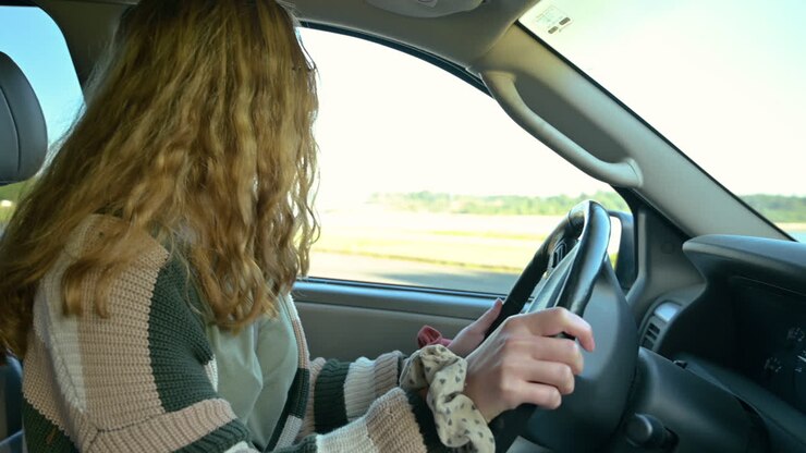 Ragazza adolescente che impara a fare retromarcia con l'auto per la scuola guida.