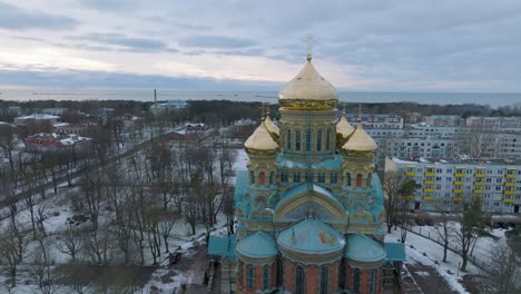 aerial establishing view of orthodox , orbiting drone shot