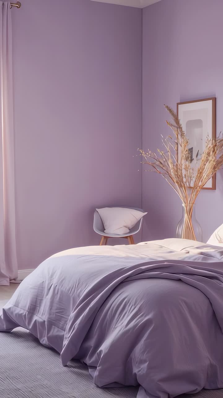 Video vertikal: Bingkai tempat tidur dengan duvet dan bantal lavender di sudut kamar tidur, dengan kursi dan pampas