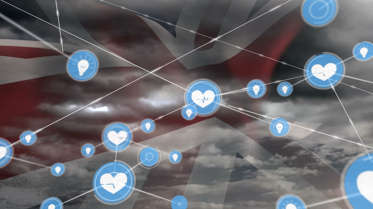 영국  ⁇ 발과 구름진 하늘 위의 연결 네트워크와 아이콘의 애니메이션