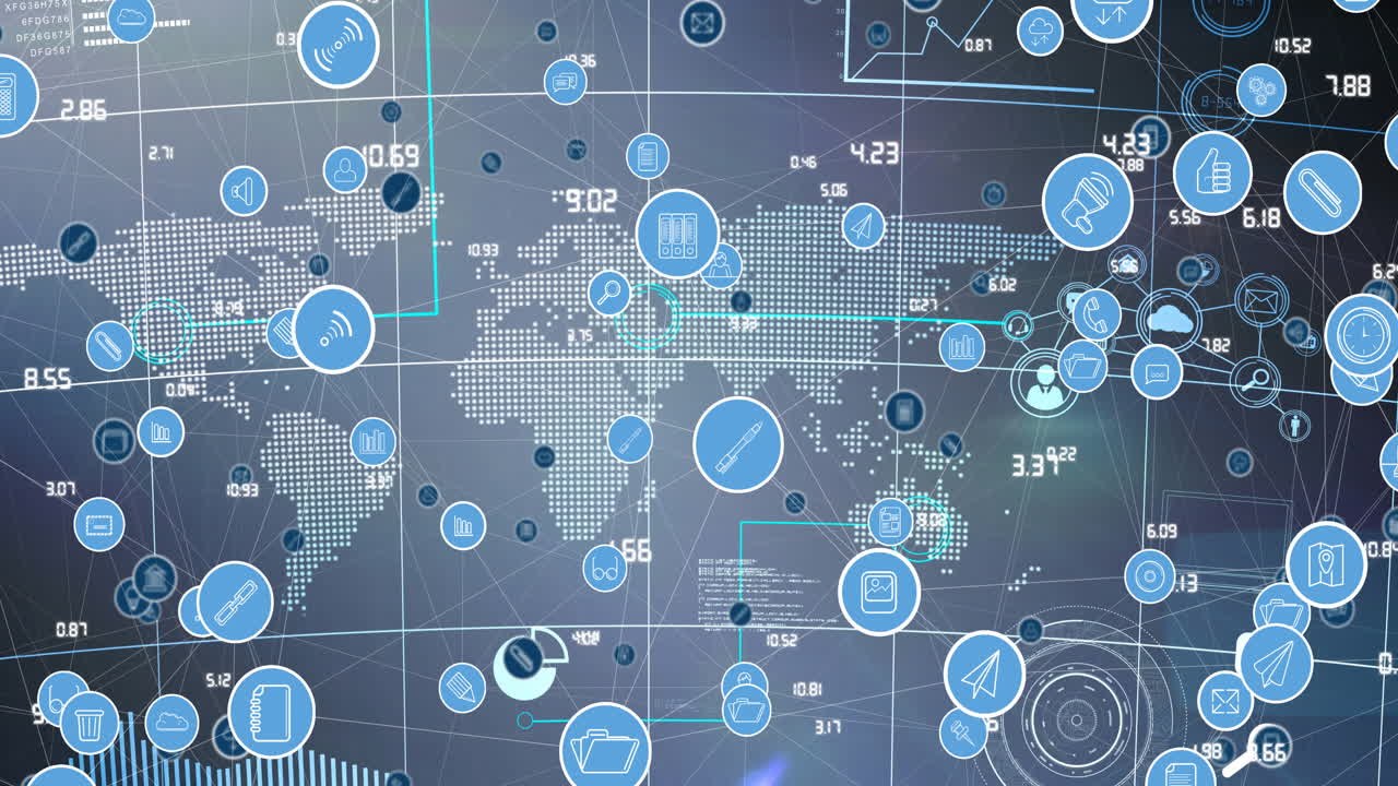 Animation of network of connections with digital icons over world map in background