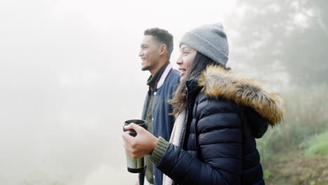 Couple,-camping-and-coffee-with-talking