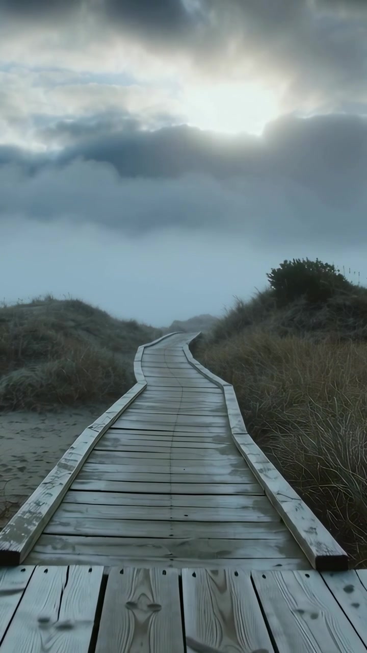 Vídeo vertical: Câmera recuando e revelando um calçadão de madeira molhado que se curva pelas dunas em direção à neblina