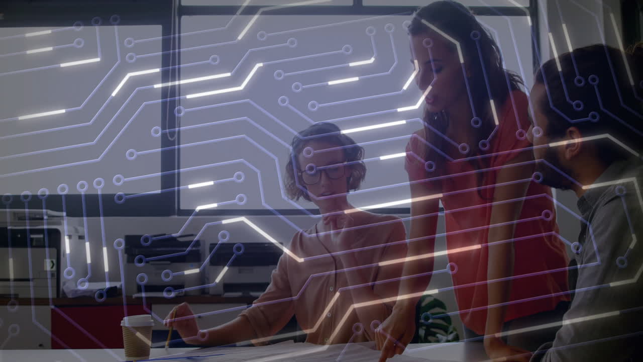 Collaborating in office, team working with circuit board animation overlay
