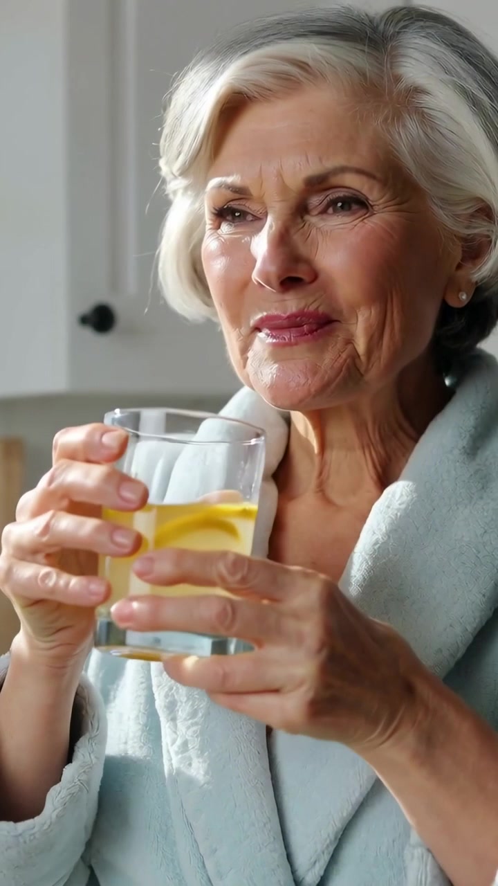 Video verticale: Inquadrando una donna anziana in vestaglia blu che sorseggia una bevanda al limone da un bicchiere in cucina