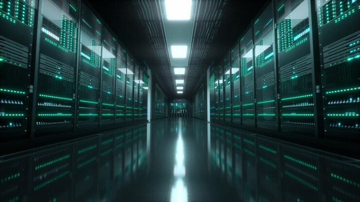 Inside Large Data Center. Advanced Cloud Computing Concept. Corridor With Server Racks And Cabinets Full Of Hard Drives