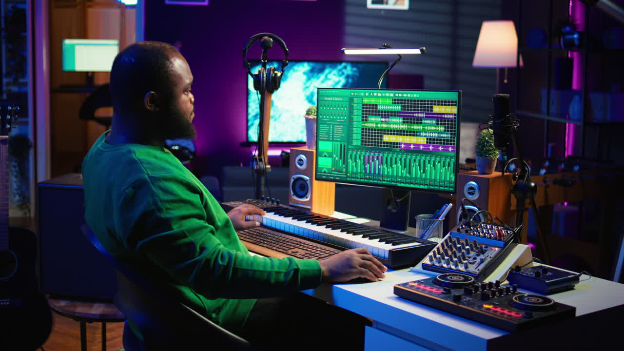 artista tocando notas de teclado de piano electrónico y grabando archivos de audio